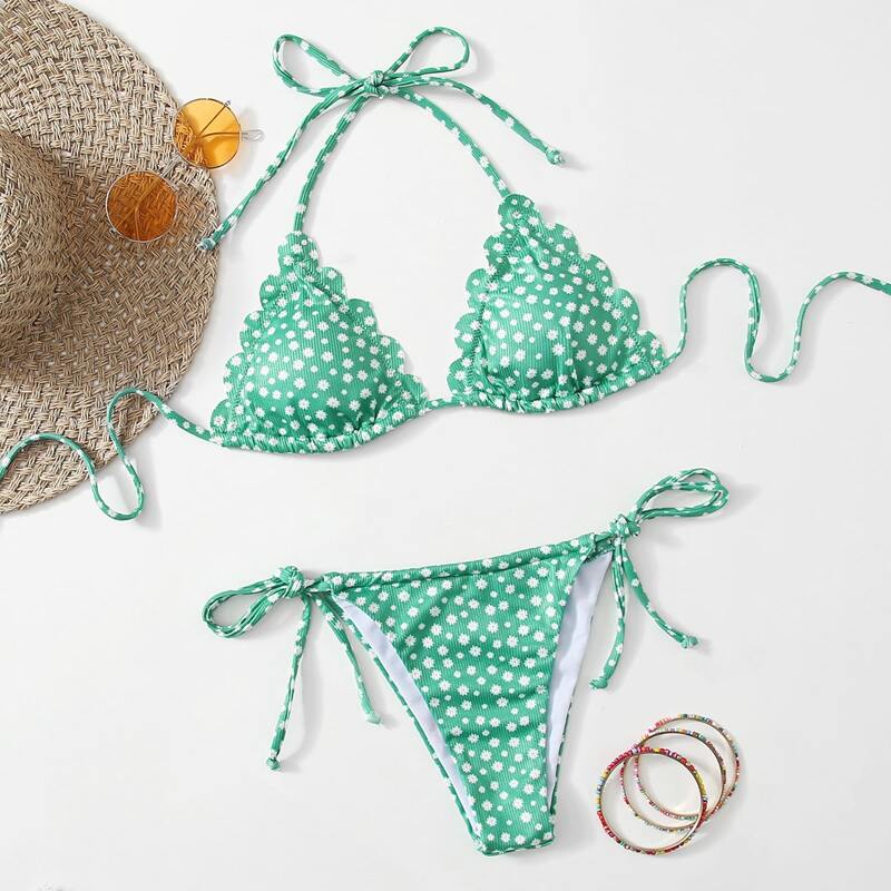 

Ditsy Floral Tie Side Bikini Swimsuit, Green