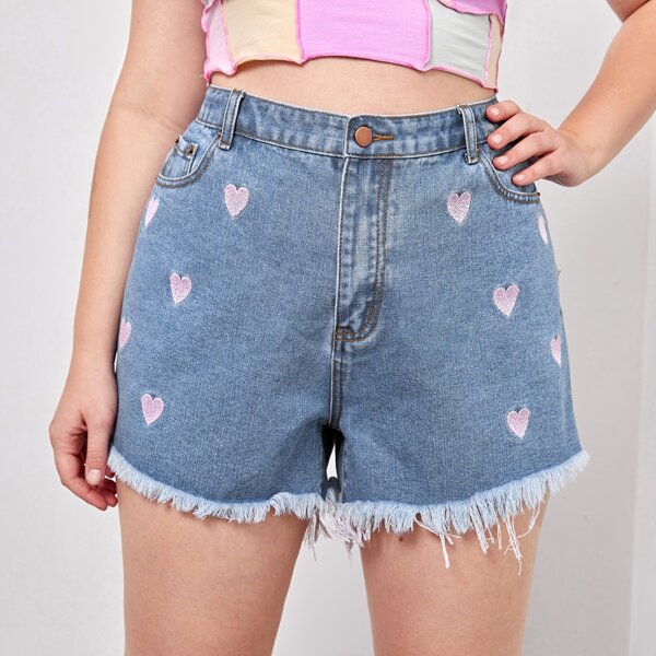 

Plus High Waist Raw Hem Heart Embroidery Denim Shorts, Light wash