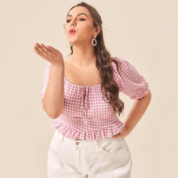 

Plus Gingham Puff Sleeve Ruffle Hem Blouse, Baby pink