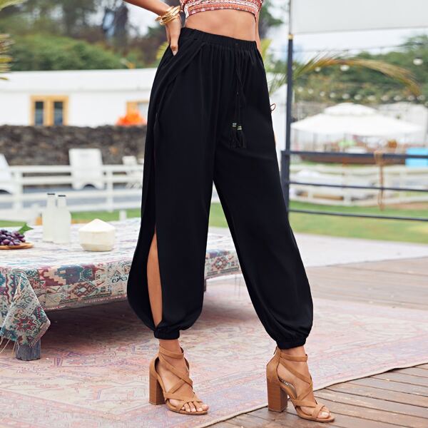 

Tassel Tie Front Wrap Pants, Black