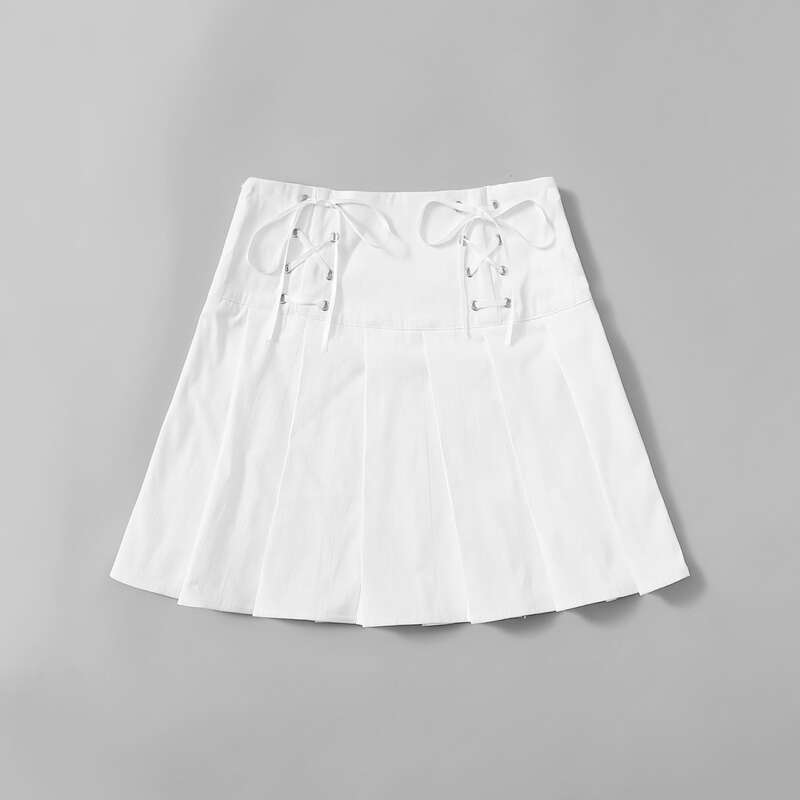 

Lace Up Pleated Skirt, White