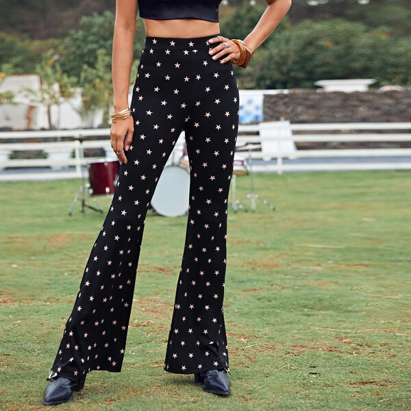 

Allover Star Print Flare Leg Pants, Black