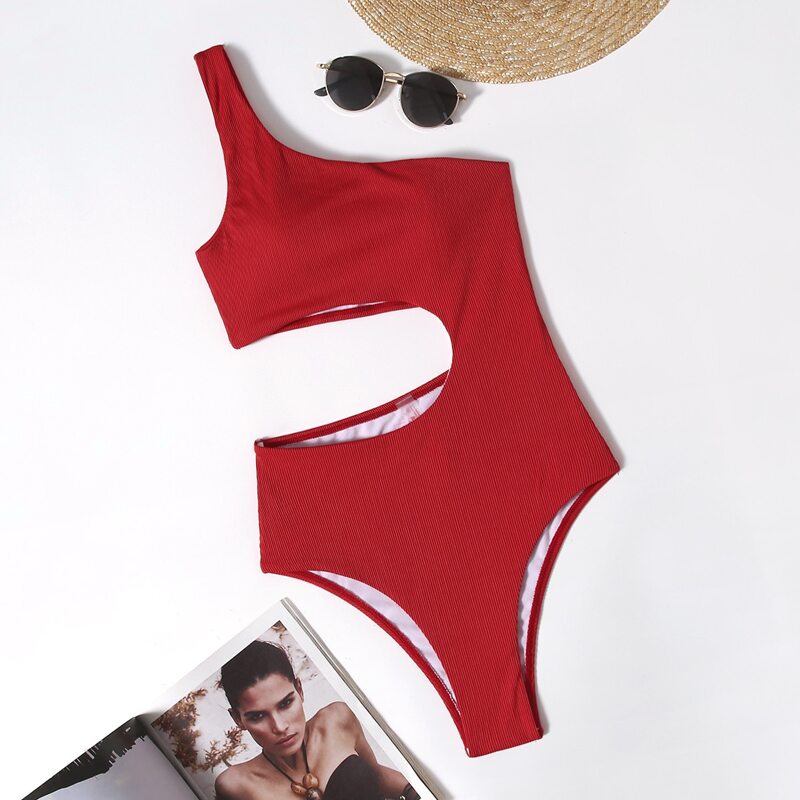 

Solid One Shoulder Cut Out One Piece Swimsuit, Red