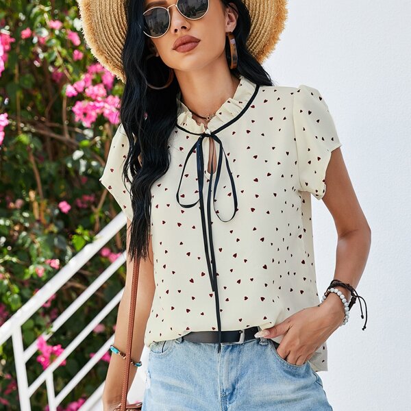

Allover Heart Print Tie Neck Blouse, Beige