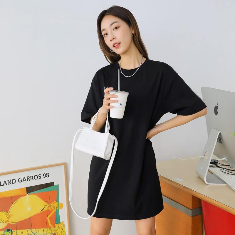 

Letter Embroidery Drop Shoulder Tee Dress, Black