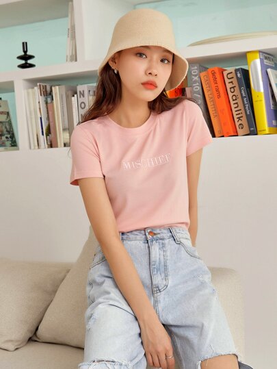 Camiseta De Manga Corta Con Bordado De Letras