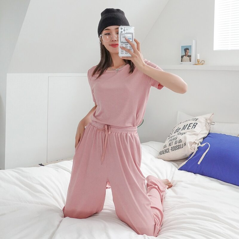 

Solid Tee & Drawstring Waist Pants, Baby pink