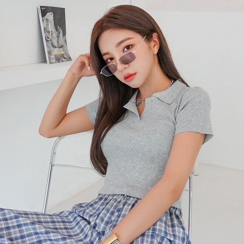 Rib Knit Crop Tee, Grey
