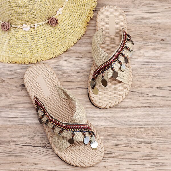 

Geometric Graphic Metal Decor Slide Sandals, Khaki
