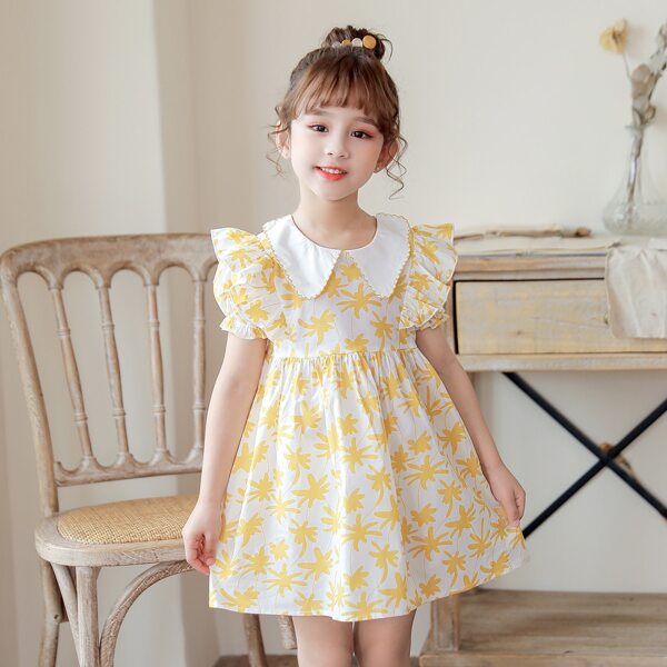 

Toddler Girls Contrast Collar Puff Sleeve Babydoll Dress, Yellow