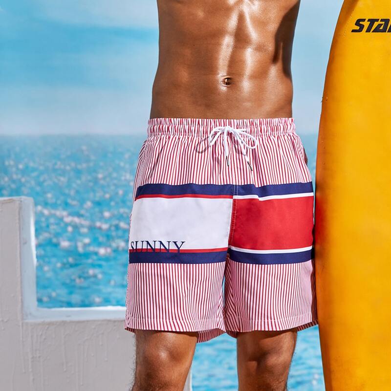 

Guys Striped Colorblock Drawstring Swim Trunks, Red and white