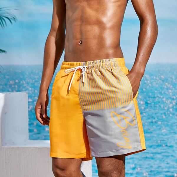 

Men Stripe And Letter Graphic Swim Trunks, Yellow
