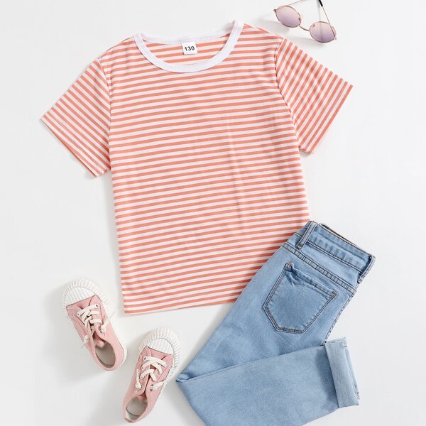 

Girls Striped Print Tee, Coral pink