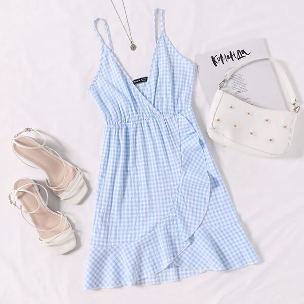 

Gingham Ruffled Wrap Hem Cami Dress, Blue and white