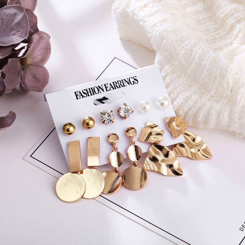 

6pairs Rhinestone & Faux Pearl Earring Set, Gold