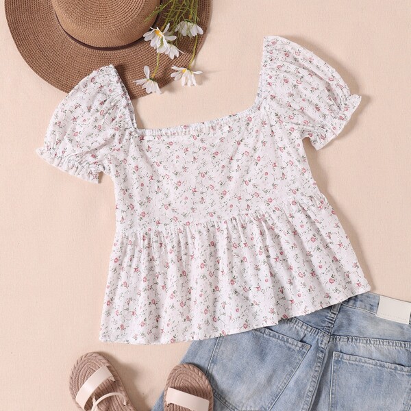 

Ditsy Floral Square Neck Peplum Blouse, White
