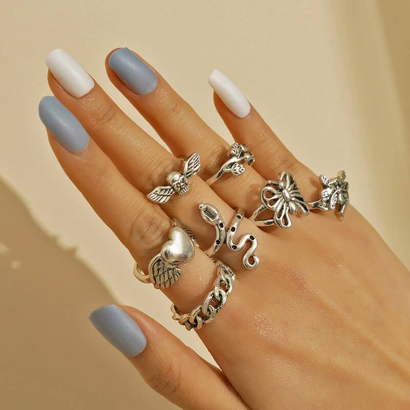 

7pcs Butterfly & Snake Ring, Antique silver