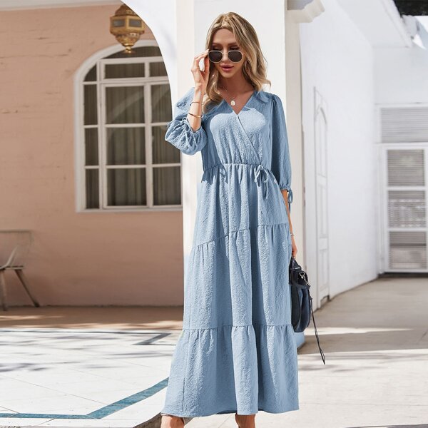 

Solid Wrap Ruffle Hem Smock Dress, Dusty blue