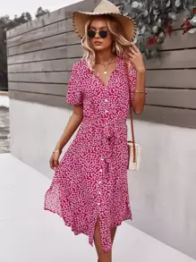 SHEIN Holidaya Ditsy Floral Tie Front Button Through Dress - Red Violet - View 1