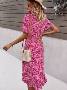 SHEIN Holidaya Ditsy Floral Tie Front Button Through Dress - Red Violet - View 2