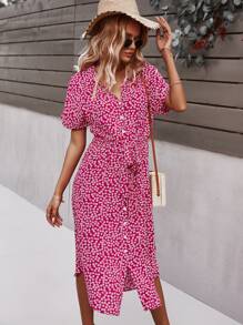 SHEIN Holidaya Ditsy Floral Tie Front Button Through Dress - Red Violet - View 4