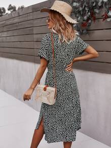 SHEIN VCAY Ditsy Floral Tie Front Button Through Dress - Black and White - View 2
