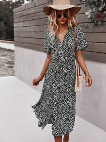 SHEIN VCAY Ditsy Floral Tie Front Button Through Dress - Black and White - View 4