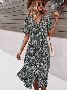 SHEIN VCAY Ditsy Floral Tie Front Button Through Dress - Black and White - View 6