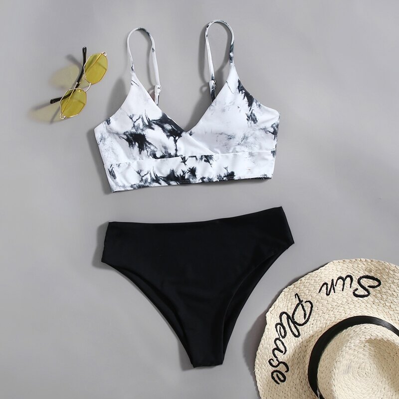 

Marble Print Bikini Swimsuit, Black and white