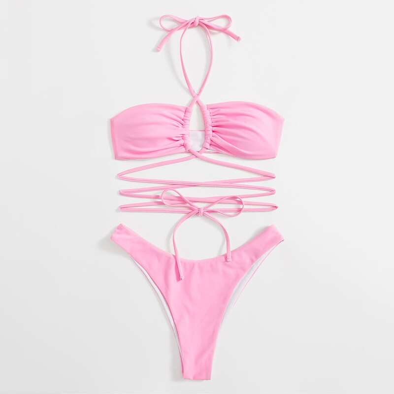 

Solid Criss Cross Bikini Swimsuit, Pink