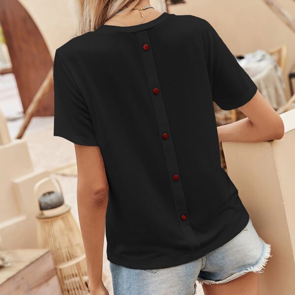 

Solid Button Back Crew Neck Tee, Black