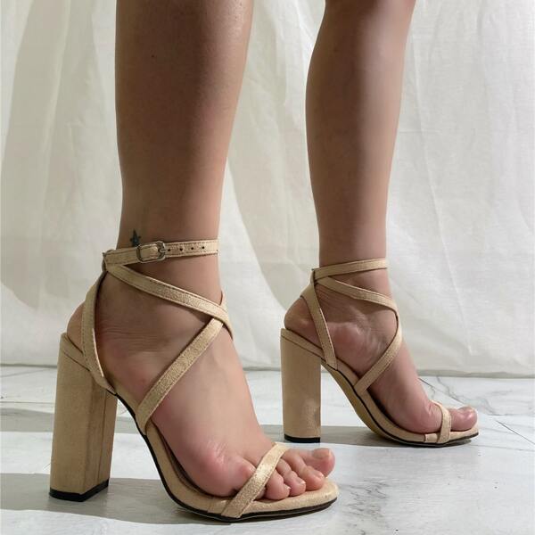 

Suede Thin Strap Chunky Heeled Sandals, Khaki