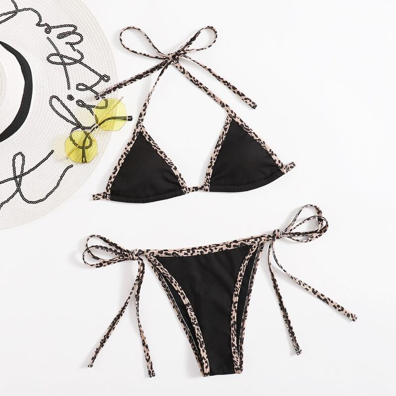 

Leopard Contrast Binding Bikini Swimsuit, Black