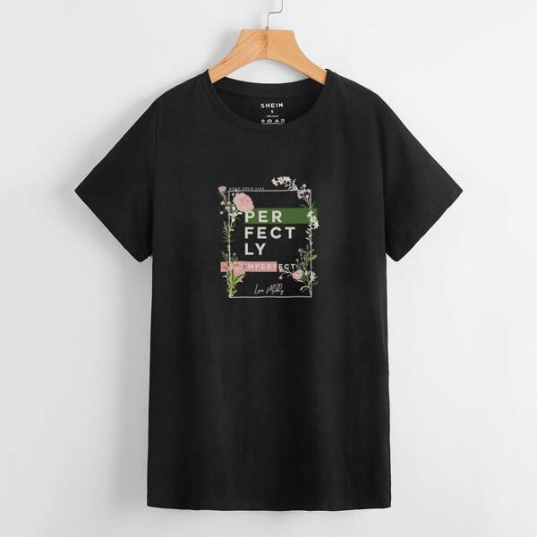 

Letter & Floral Print Tee, Black
