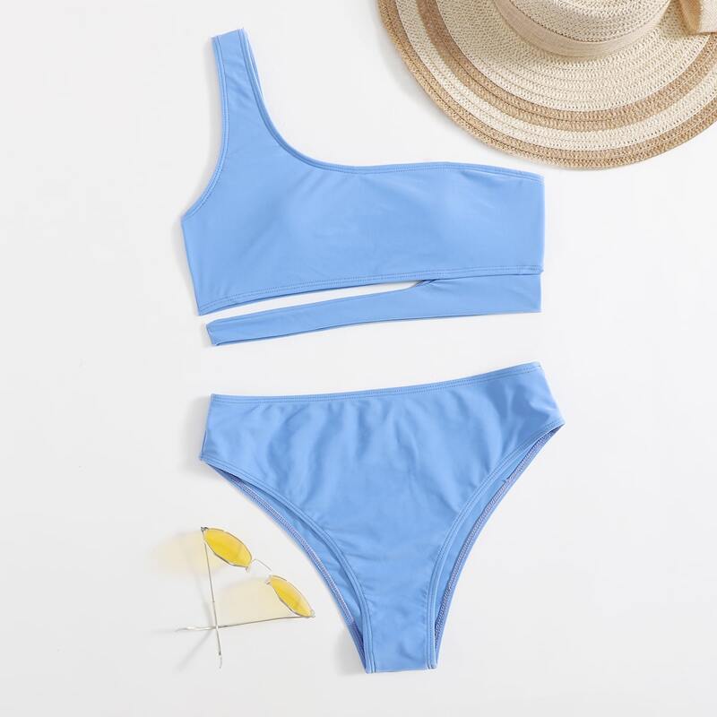 

Solid Cut Out Bikini Swimsuit, Blue