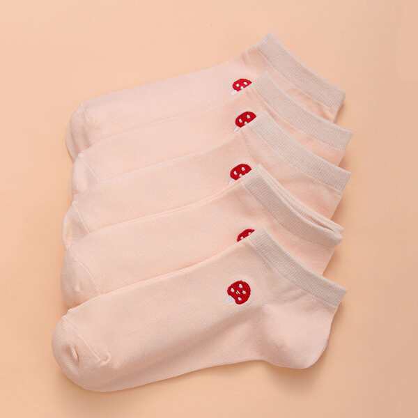 

5pairs Mushroom Embroidered Socks, Beige