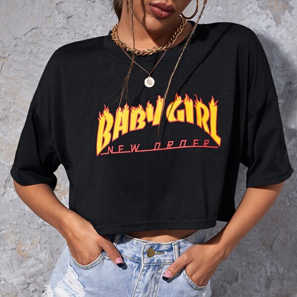 

Drop Shoulder Letter & Fire Print Crop Tee, Black