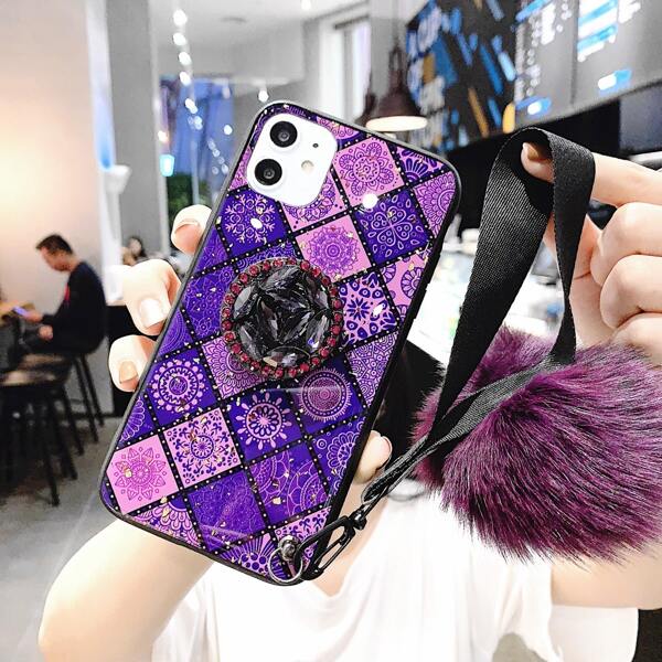 

Phone Case & Rhinestone Stand-Out Phone Grip & Fluffy Ball, Purple