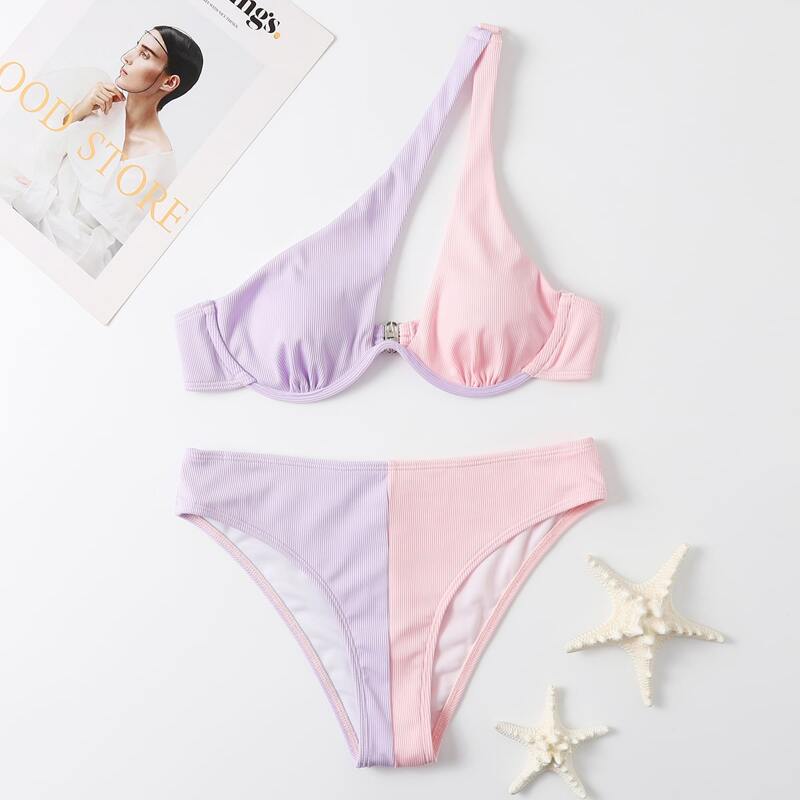 

Color Block Rib Bikini Swimsuit, Multicolor