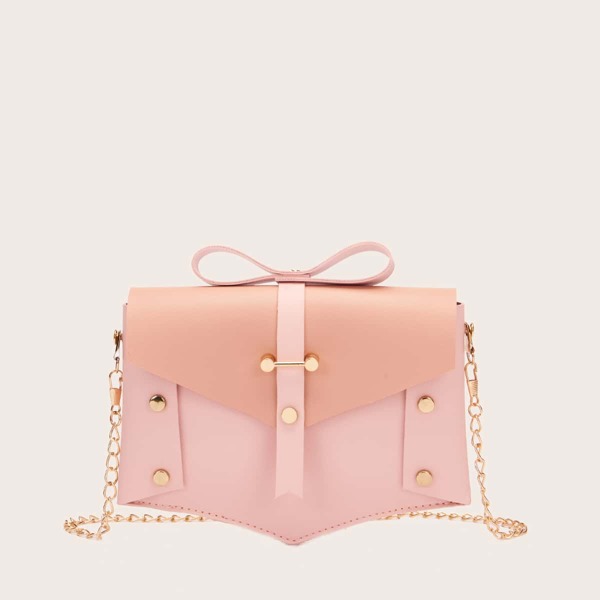 

Studded Decor Two Tone Chain Bag, Pink