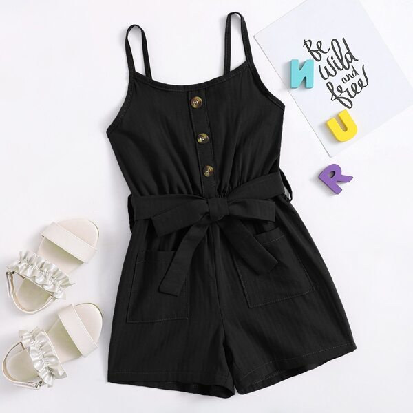 

Toddler Girls Button Front Belted Cami Romper, Black
