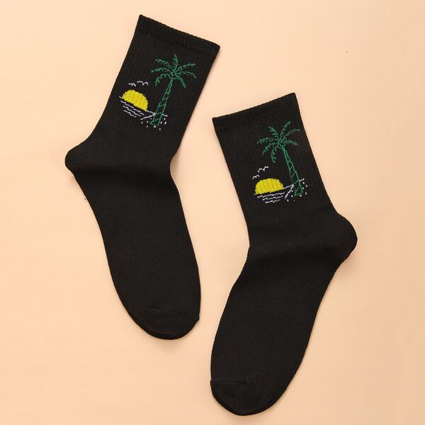 

Coconut Tree Print Socks, Black