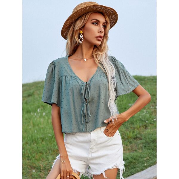 

Swiss Dot Tie Front Solid Top, Green