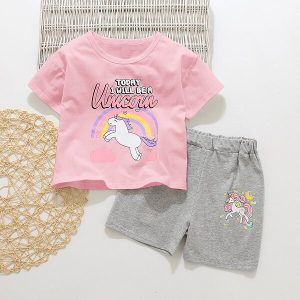 

Toddler Girls Cartoon And Slogan Graphic Tee & Shorts, Multicolor