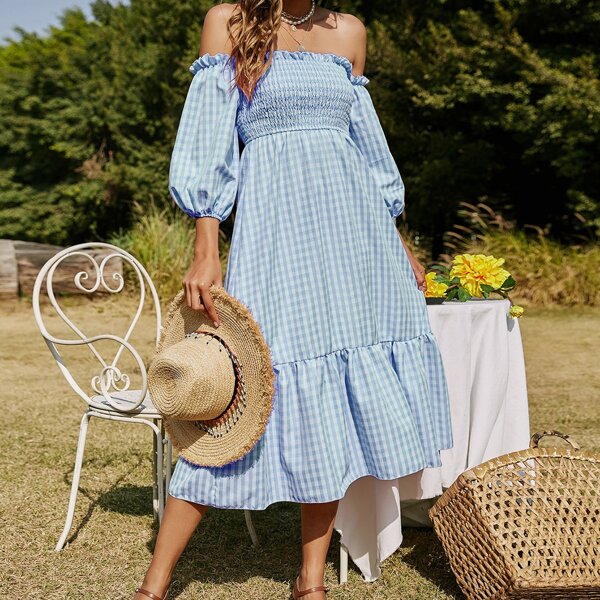 

Frill Off Shoulder Shirred Bodice Ruffle Hem Striped Dress, Blue and white