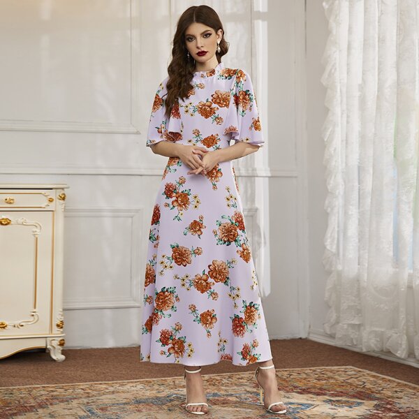 

Allover Floral Butterfly Sleeve A-line Dress, Lilac purple