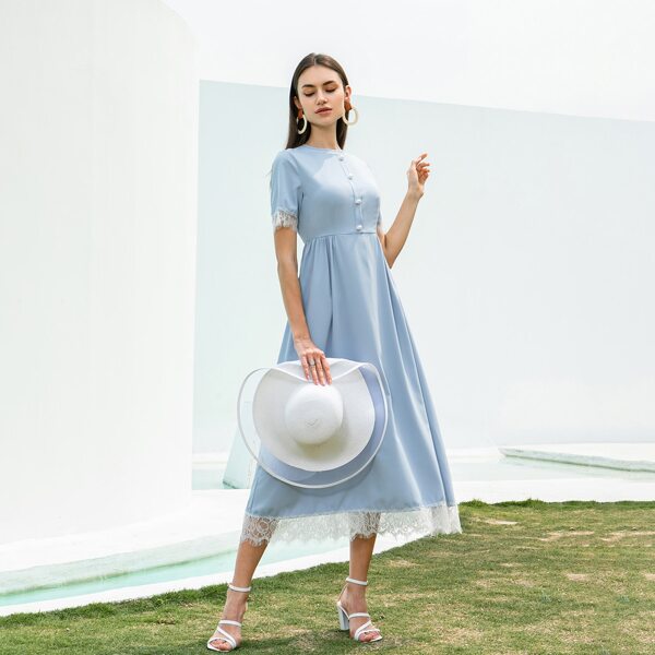 

Button Half Lace Hem Dress, Baby blue