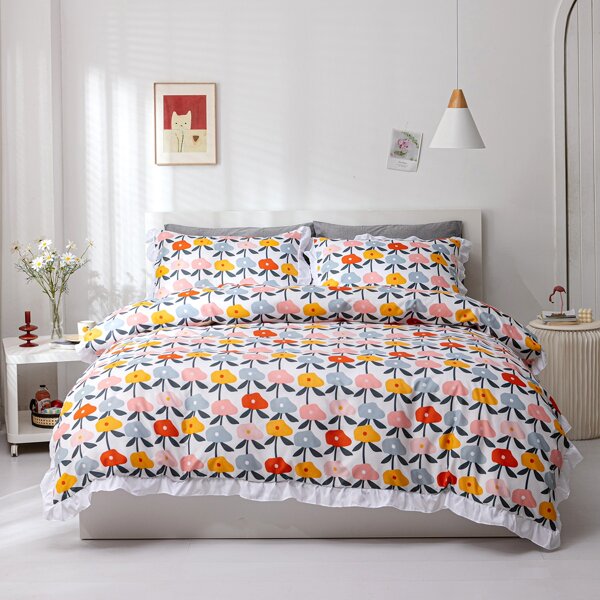 

Flower Print Duvet Cover Set Without Filler, Multicolor