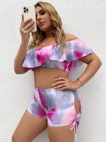 Conjunto de bikini con shorts con volantes de teñido anudado de talla grande para playa de verano - Multicolor - Ver 1