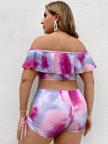Conjunto de bikini con shorts con volantes de teñido anudado de talla grande para playa de verano - Multicolor - Ver 2
